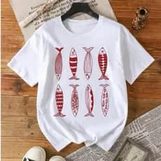 Camiseta Feminina T-Shirt de  Algodão  Cardume Peixes Moda Verão