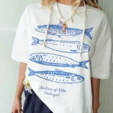 Camiseta Feminina T-Shirt de  Algodão Estilo Peixes Sardinha Italia Fofa Meiga Fashion