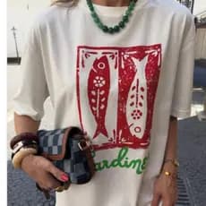 Camiseta Feminina T-Shirt de  Algodão Estilo  Italiano Arte Moderna Peixes Sardines