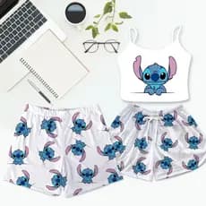 Pijama Casal Kit Baby Doll Cropped Stitch Feminino e Shorts Samba Canção Masculino