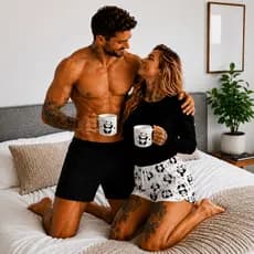 Pijama Casal Manga Longa Térmica Preta Feminina Panda Preto + Samba Canção Preto