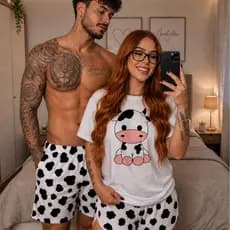 Pijama Casal Manga Curta Feminina Vaquinha + Samba Canção Masculino