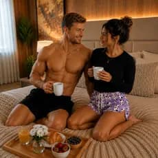 Pijama Casal Manga Longa Térmica Preta Feminina Vaquinha Lilás + Samba Canção Preto