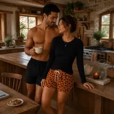 Pijama Casal Manga Longa Térmica Feminina Preta Pintinha Laranja + Samba Canção Preto