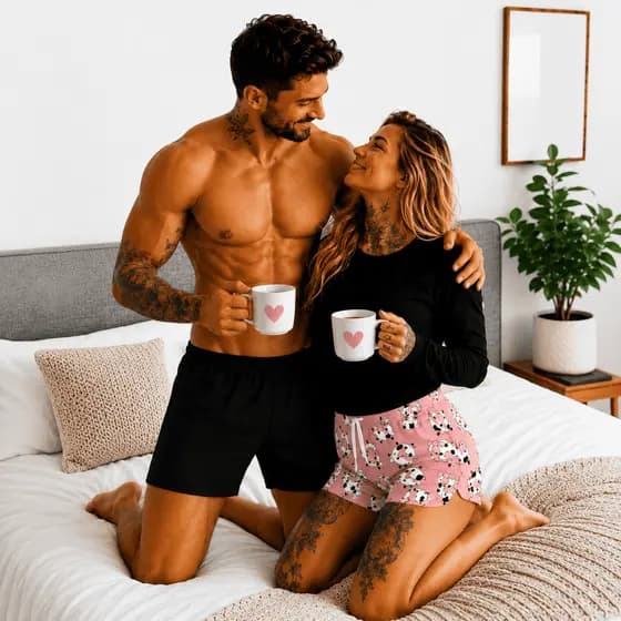 Pijama Casal Manga Longa Térmica Preta Feminina Vaquinha Rosa + Samba Canção Preto