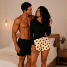 Pijama Casal Manga Longa Térmica Preta Feminina Girassol + Samba Canção Preto