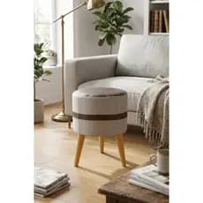 Puff Redondo Decorativo 35cm Pés Palito – Linho com Detalhe Courino Premium Sala Quarto