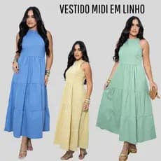 Vestido Midi Linho Feminino Elegante Casual Alfaiataria Bolsos Laterais Atemporal