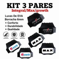 KIT 3 PARES luvas de EVA para musculação/protetor palmar/caleira INTEGRAL/MAX/GROWTH.