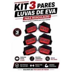 KIT 3 PARES Luvas de EVA para musculação/academia/protetor palmar/caleira. modelo integral vermelha.