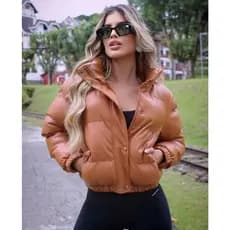 Jaqueta Puffer Cropped Feminina Couro Fake Grossa e Forrada