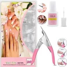 Kit Alongamento Unha de Gel Tips Curvatura C + Cortador De Tips + Cola Pincel Para Unhas