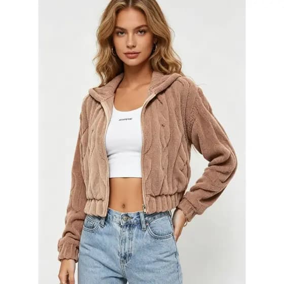 Jaqueta Teddy Feminina Peluciada Cropped Com Zíper E Capuz Casaco Inverno Aconchegante Macio Moda Casual Elegante