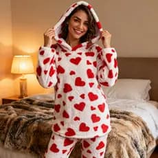 Pijama Feminino Peluciado Soft Inverno Com Capuz Orelhinhas Conjunto Fofo Quentinho Estampas