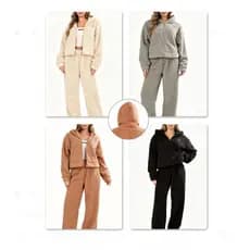 Conjunto Feminino Inverno Peluciado Jaqueta Com Zíper Capuz E Calça Moletom Plush Roupa De Frio Casual