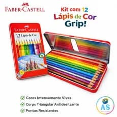 Lápis de Cor Faber-Castell Triangular 12 Cores com Grip Estojo Metálico Original