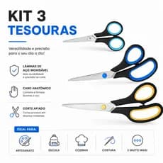 Kit 3 Tesouras Multiuso Aço Inoxidável Profissional para Escola Artesanato Costura e Cozinha