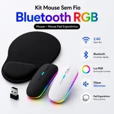 Kit Mouse sem Fio Bluetooth Recarregável RGB + Mouse Pad Ergonômico Apoio de Punho