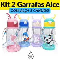 Kit 2 Garrafa de Alce Infantil Criança com Canudo Para Menino Menina 600ML Chifre