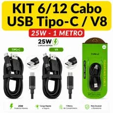Kit 6/12 Cabo USB Turbo 25W Tipo C V8 Rápido