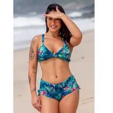 Conjunto Biquíni Top Reforçado com Bojo e Calcinha Short Sunquíni Estampado Coqueiro,  shortinho de praia, biquini short, biquini shortinho, biquini com bojo