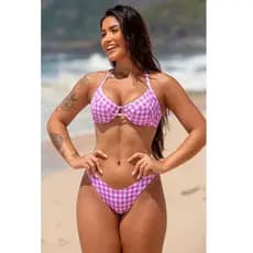 Conjunto Biquíni Meia Taça com Calcinha Asa Delta Fio Duplo Xadrez Rosa