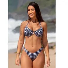Conjunto Biquíni Meia Taça com Calcinha Asa Delta Fio Duplo Xadrez Preto