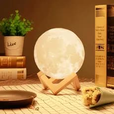 Luminária Lua Cheia 3D Luz Decorativa Quarto Sem Fio com Base