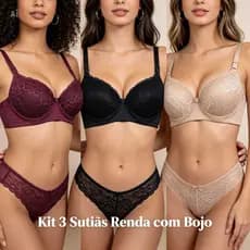 KIT 3 SUTIÃ RENDA BÁSICO COM BOJO TECIDO MICROFIBRA FORRO DE ALGODÃO ELÁSTICO REFORÇADO FECHO INOX