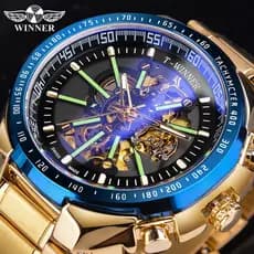 T-WINNER Relógio Mecânico Automático Ouro Masculino Grande Capa Luxo Da Moda Esqueleto Luminoso Militar Negócios Azul Impermeável
