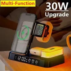 30W 3 Em 1 Carregador Sem Fio Suporte Almofada Despertador Luz Noturna Estação De Carregamento Rápido For Iphone Watch