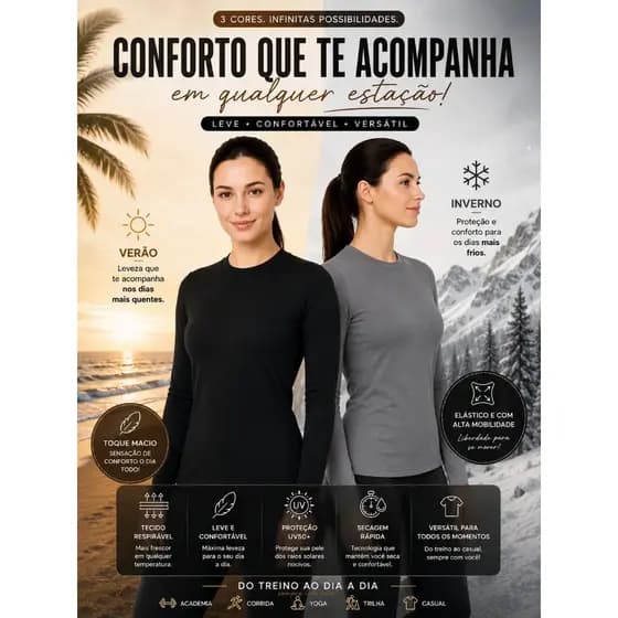 Kit 2 Blusas Segunda Pele Proteção Uv 50+ Manga Longa Térmica Academia