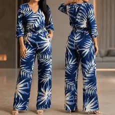 Conjunto Femenino Estampado Floral Blusa Decote V Calça Longa Casual Elegante Moderno