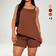Conjunto Femenino Crepe Blusa Estilosa Assimétrica Amarração e Short Casual Elegante