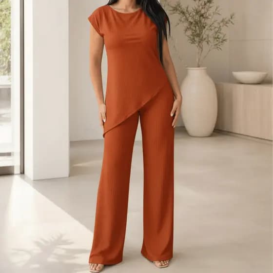 Conjunto Feminino Canelado Blusa Manga Curta e Calça Pantalona