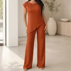 Conjunto Feminino Canelado Blusa Manga Curta e Calça Pantalona