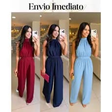 Macacão pantalona feminino de amarrar gola alta decote nas costa tecido premium não transparente