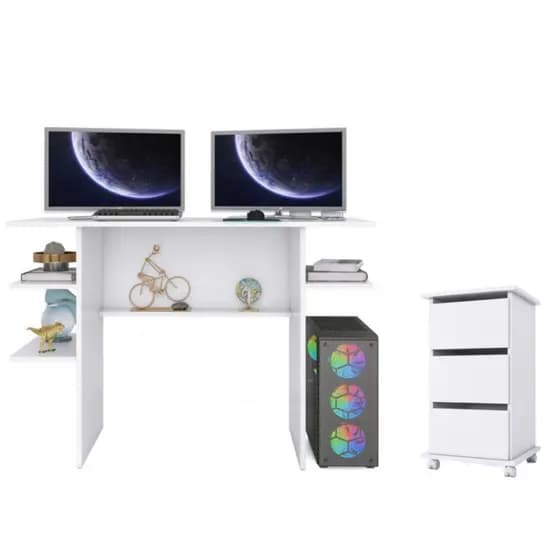 Kit Mesa Gamer 90cm Branca + Gaveteiro com Rodinhas