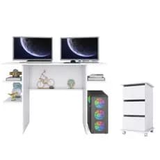 Kit Mesa Gamer 90cm Branca + Gaveteiro com Rodinhas