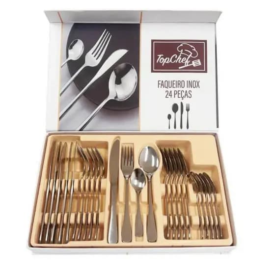 Jogo conjunto de Faqueiro 24 Peças garfo talheres colher de sobremesa cozinha restaurante - aço Inox