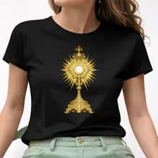 Camiseta Feminina Católica 100% Algodão Estampa Ostensório Dourado Santíssimo Moda Cristã