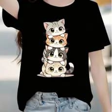 Camiseta Feminina Estampada Gatinho Algodão Premium Casual Moda Verão Dia a Dia