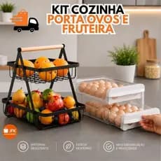 Kit Cozinha Fruteira de Mesa 2 Andares Aramado + Porta Ovos Organizador de Bancada Acrilico 30 OVOS Moderno Para Casa