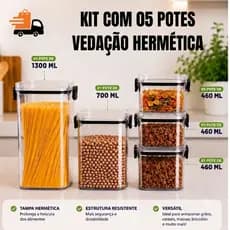 Kit 5 Potes Herméticos Acrílico Cozinha Com Vedação 1300ML 700ML 460ML Organização Mantimentos Alimentos Transparente