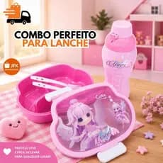 Kit Lancheira Infantil Escolar com Garrafinha Marmita Divisória Pote e Talheres Menina Escola