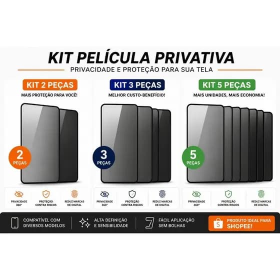 Kit 3/5 Película Privacidade 3D Privativa Anti-Espião