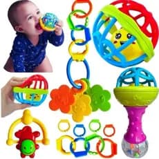 Kit Brinquedo Bebe Chocalho Mordedor Silicone Macio Bola Colorida 8 Peças Presente