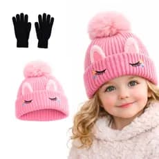 Touca Gorro Infantil feminina rosa ,branca, cinza  Unicornio Olhinho Lã com 1 par de luvas