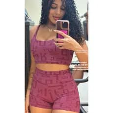 Conjunto Feminino  moda fitness Letras Short com Top Zero transparência Malha Jacquard Poliamida conjunto para corrida