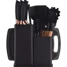 Kit Jogo Utensílios de Cozinha Luxo 19 Pçs c/ Tábua Espátula Faca Tesoura
